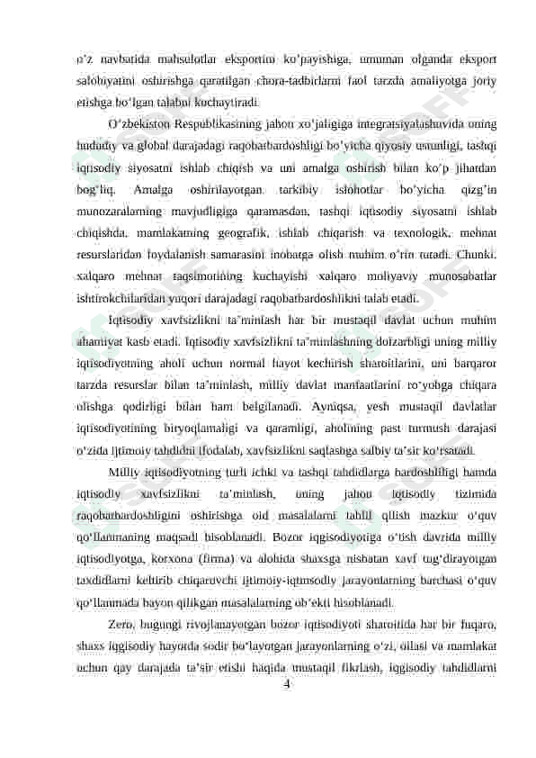 O'ZBEKISTONNING DUNYONING RIVOJLANGAN DAVLATLARI BILAN IQTISODIY HAMKORLIGI. 4