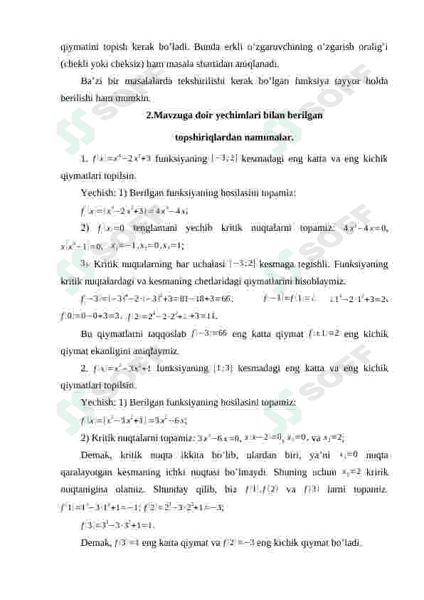 Sigmentda funksiyaning eng katta va eng kichik qiymatlarini izohlang 4