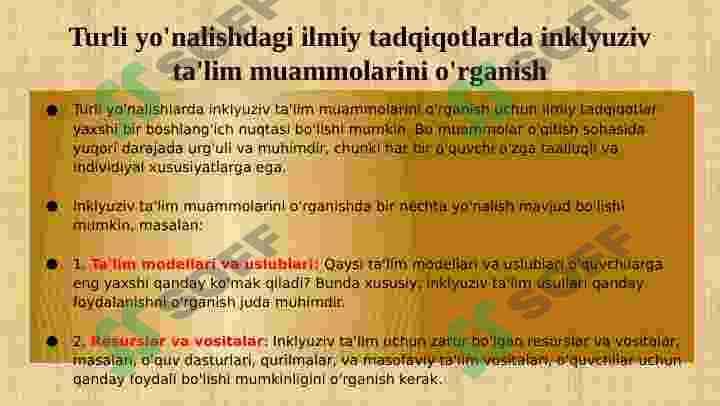 Turli yo'nalishdagi ilmiy tadqiqotlarda inklyuziv ta'lim muammolarini o'rganish. 4