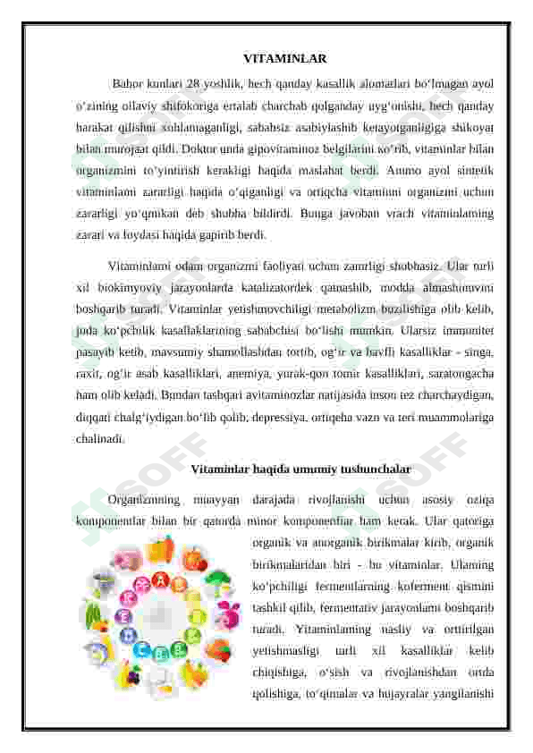 Nasliy avitaminozlar. Tabiy va sun'iy vitaminlarni metabolizmi va ekskretsiyalanishi 4