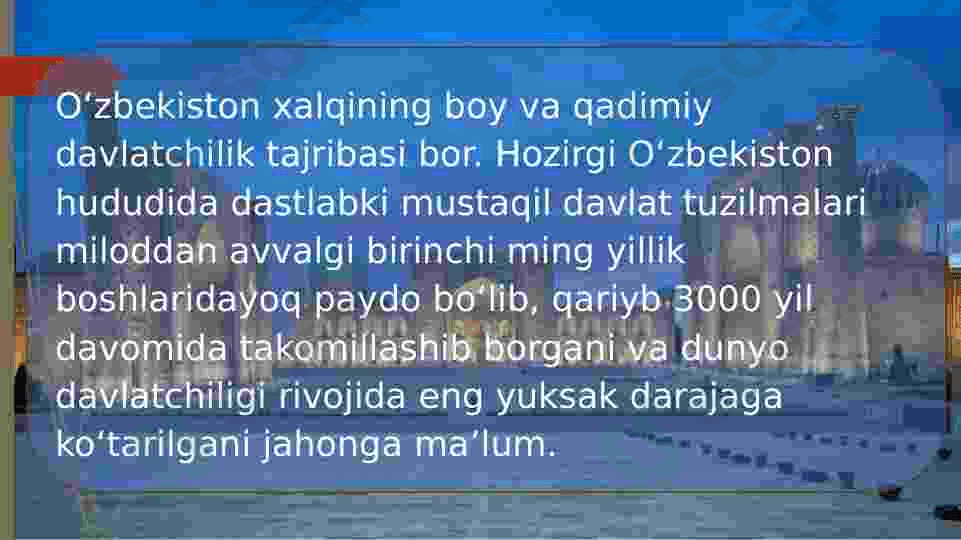 O’zbekiston tarixi fanining predmeti, uni o’rganishning nazariy-metodologik asoslari, manbalari va ahamiyati. Markaziy Osiyo jahon sivilizatsiyasining ajralmas qismi 5