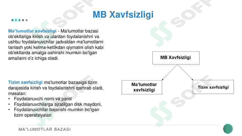 Ma’lumotlar bazasini administratorlash va xavfsizligini ta‘minlash. 5