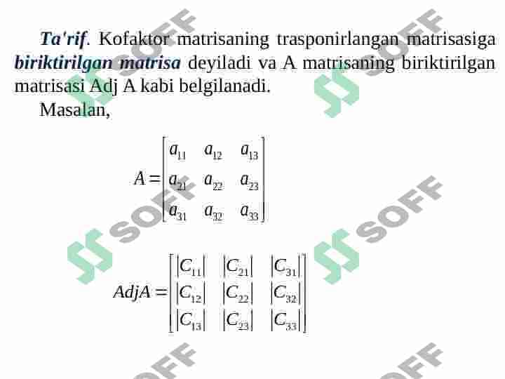 Teskari matrisa. Matrisaning rangi. Chiziqli tenglamalar sistemasi. 5