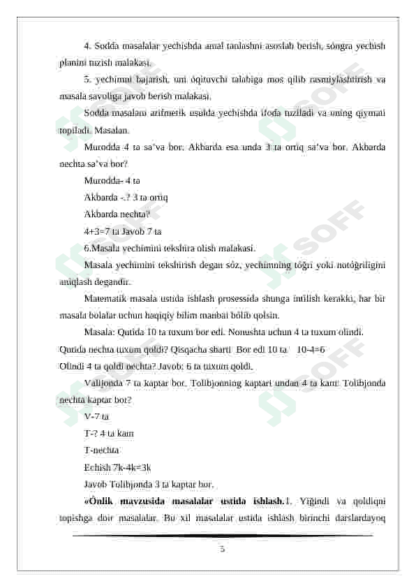 Boshlang'ich sinf matematika darsligidagi masalalar yechishning o'ziga xos xususiyati kurs ishi 5