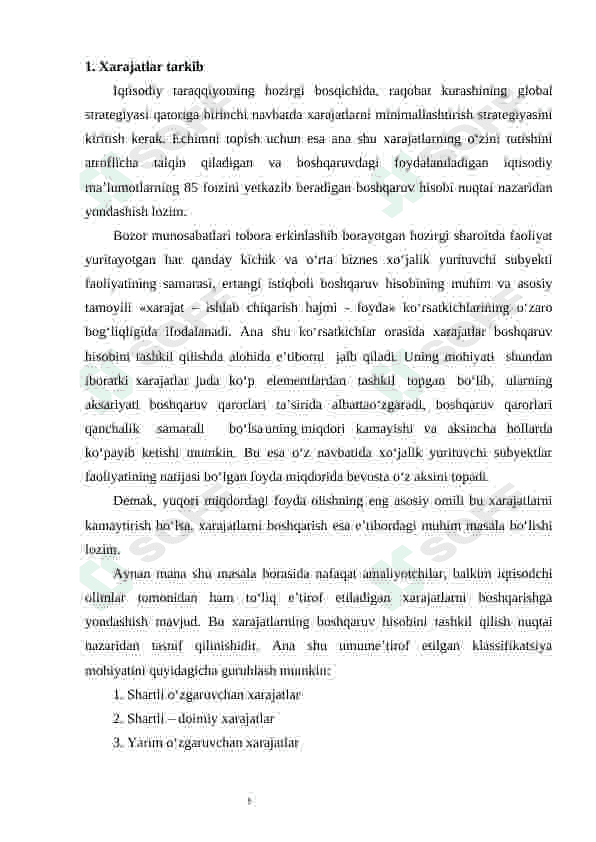 Xarajatlar haqida tushuncha va ularning turli xil belgilarga qarab turkumlanishi 5