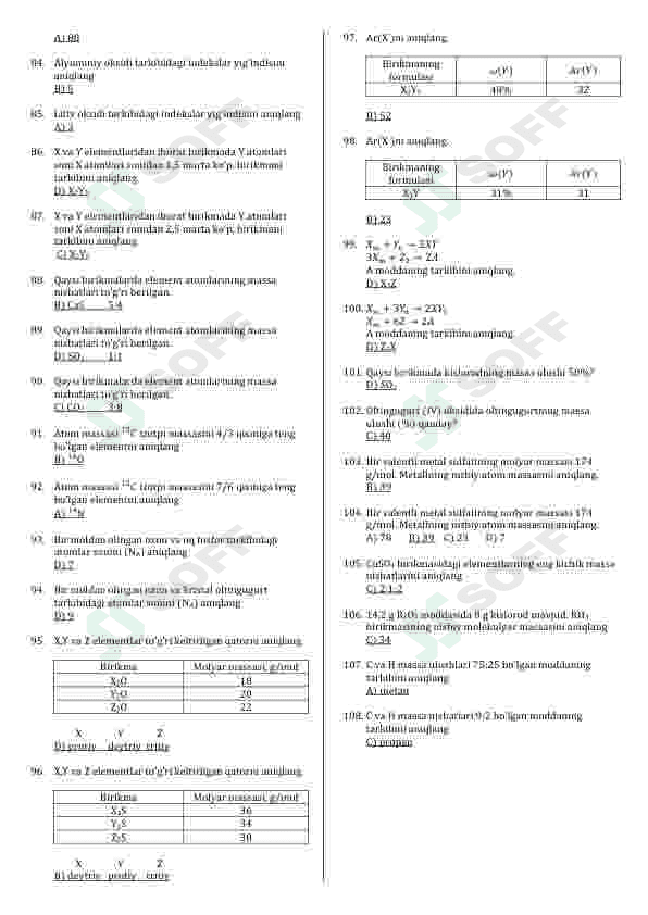 Kimyo fannidan test to'plami 5