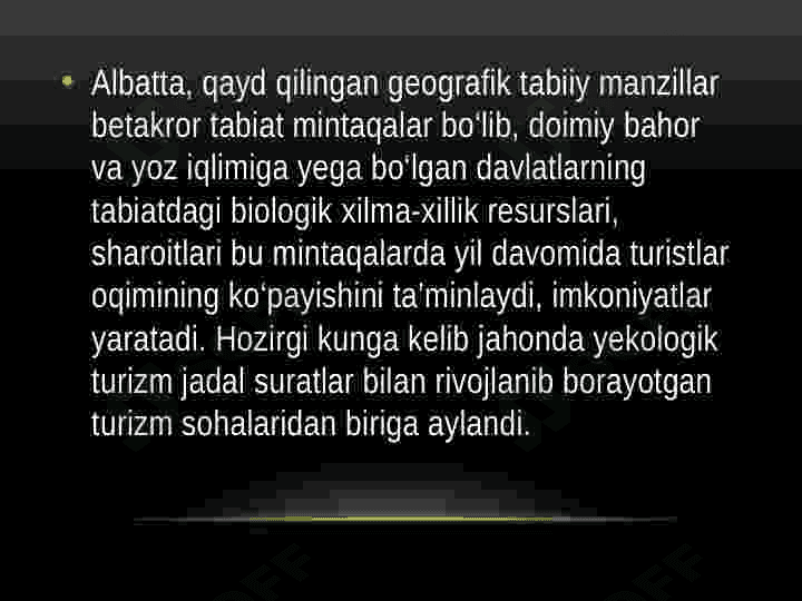 Mintaqalarda ekologik turizmni rivojlantirish resurslari va ulardan foydalanish yo'llari 5