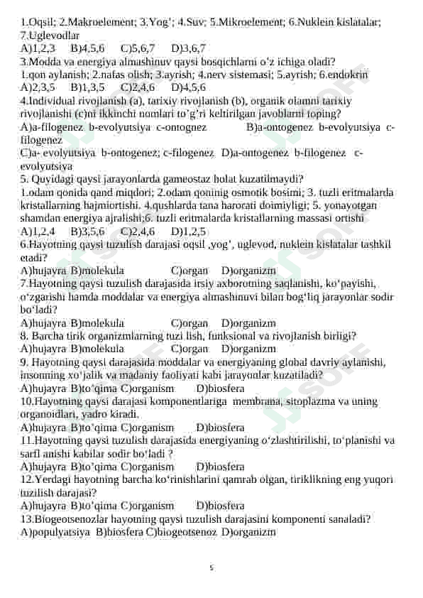 Biologiya fanidan mavzulashtirilgan testlar 5