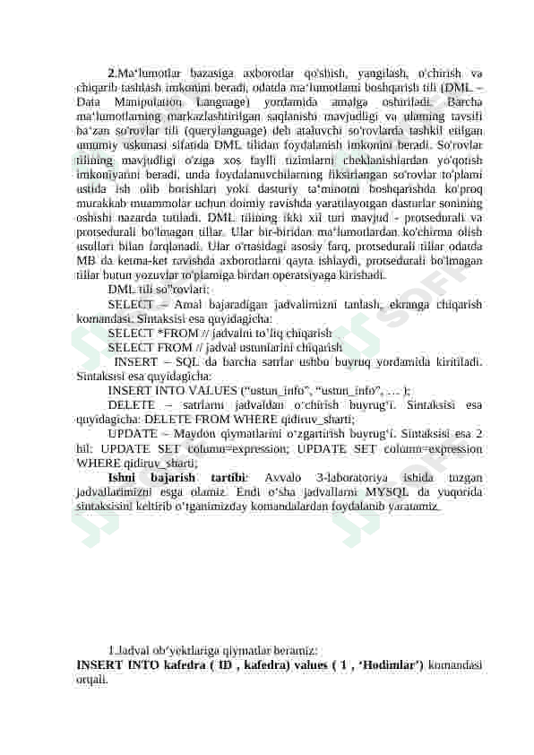 UPDATE, AND, OR, NOT, IN, BETWEEN, LIKE, UPPER, LOWER, LENGTH operatorlaridan foydalangan holda so’rovlar yaratish 5