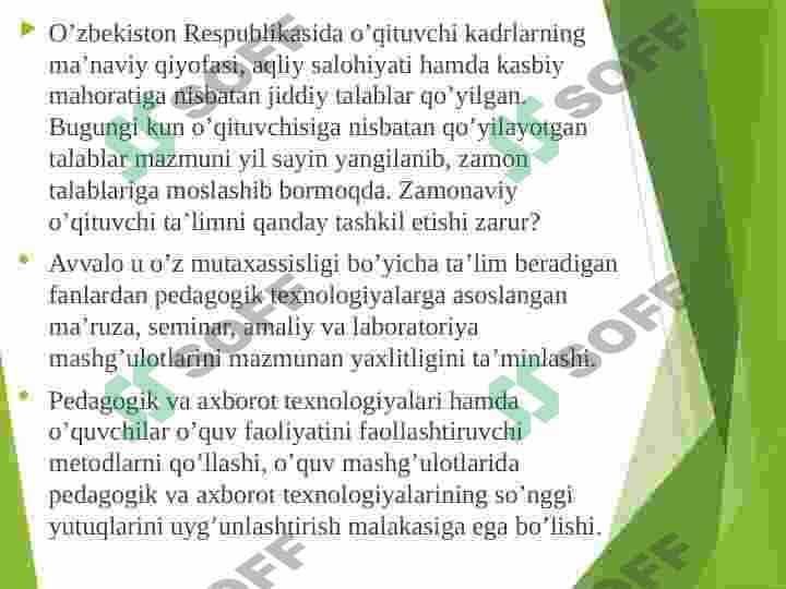 O'qituvchining ta'lim jarayonidagi faoliyati va darsga tayyorgarligi 5