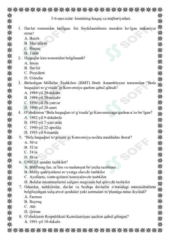 Tarbiya fanidan mavzulashtirilgan testlar / 5-sinf 5