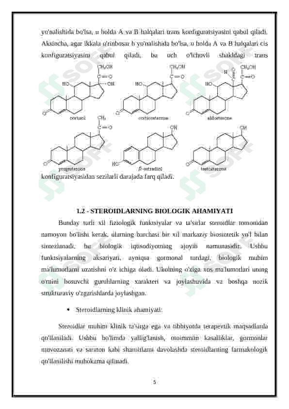 STEROIDLAR VA TERPENLARNING STEROKIMYOSI HAMDA ULAR ISHTIROKIDAGI MUHIM BIOLOGIK JARAYONLAR. 5
