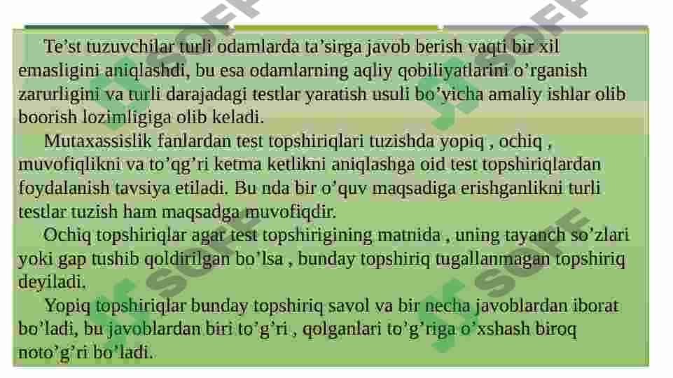 Testalogiya fanining metodologik asoslari. Nostandart test-pedagogik kvalimetriya nazorat va baholash texnologiyasi sifatida 5