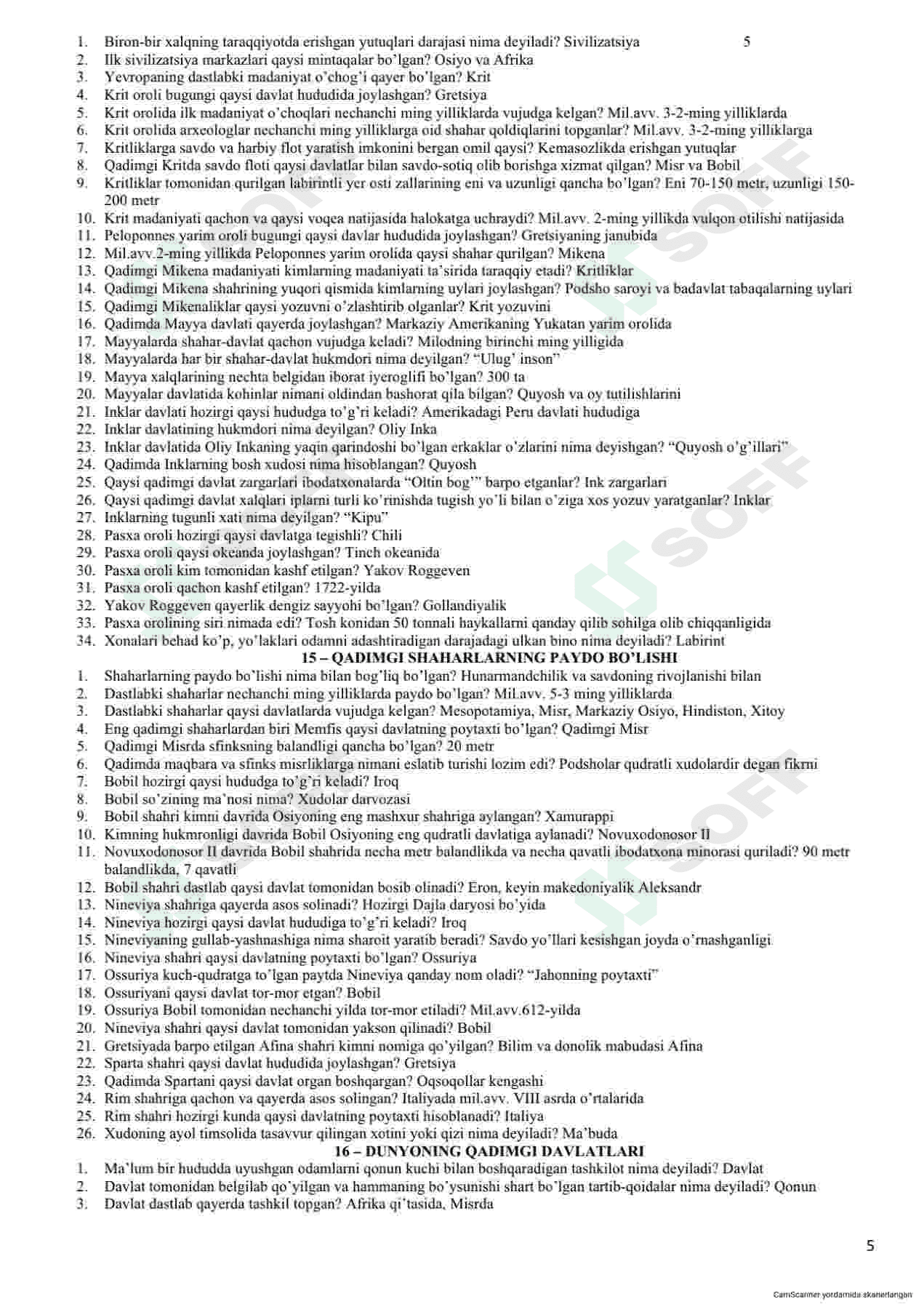 5-sinf tarix fanidan umumiy savol-javoblar to'plami 5