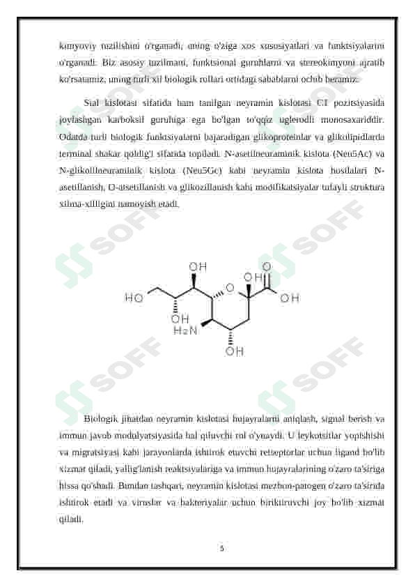 Neyramin kislota va uning xosilalarining tuzulishi va biologik xossalari.Sial kislotalar 5