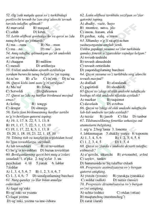 Ona tili fanidan testlar to'plami 5