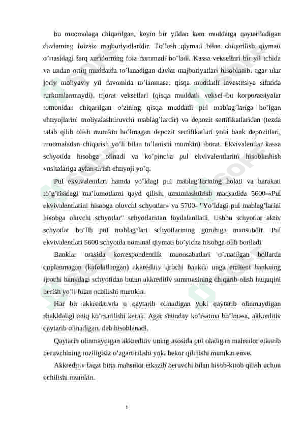 Bankdagi maxsus schyotlar, akkreditiv, chek daftarlari va boshqa maxsus schyotlar hisobi 5