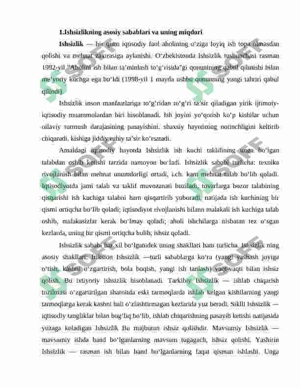 O‘zbekistonda ishsizlik, zamonaviy shakllari, sabablari, kamaytirish usullari. 5