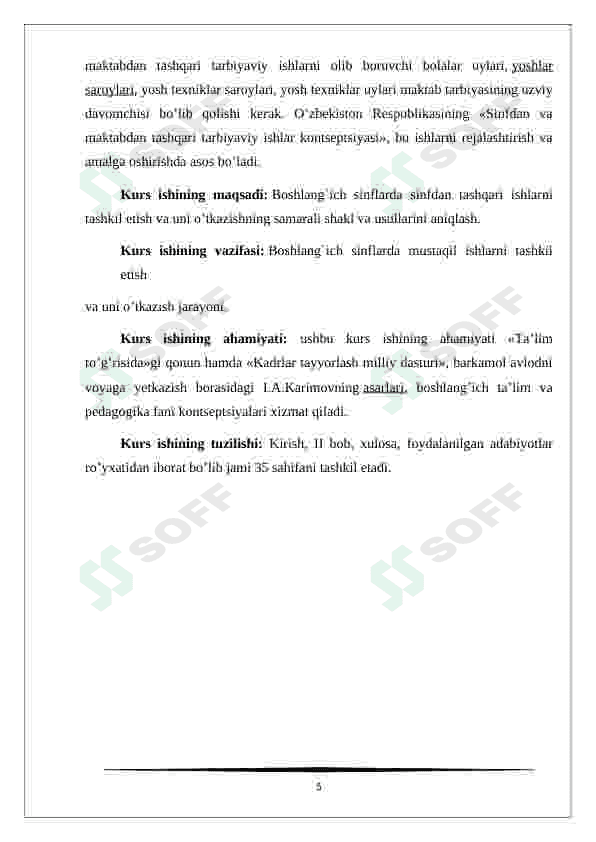 Boshlang'ich sinflarda o'quvchilarning mustaqil ishlarini tashkil etish va ta'limdagi ahamiyati kurs ishi 5