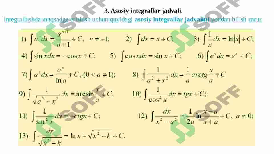 Boshlang‘ich funksiya va aniqmas integral. Integrallash usullari. 5