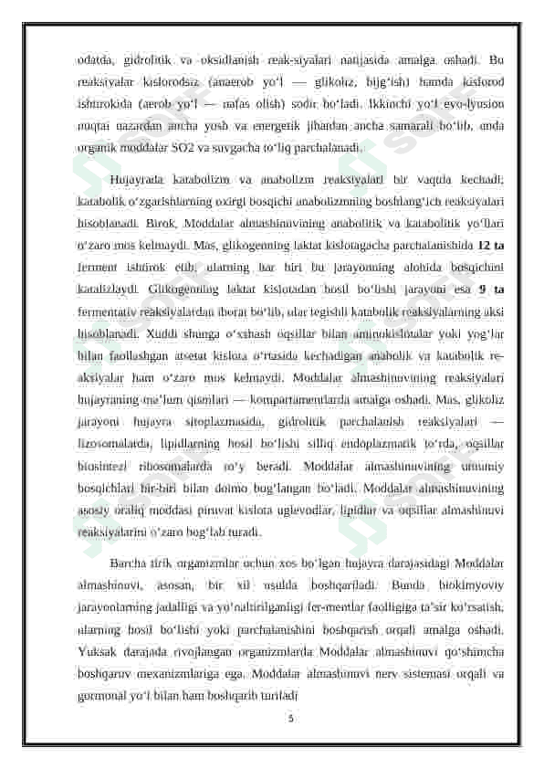 Metabolizm jarayonida energiya hosil bo'lishi va sarflanishi 5