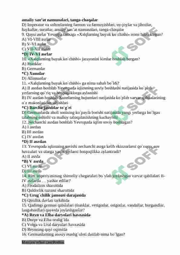 7-sinf Jahon Tarixi fanidan mavzulashtirilgan test savollar to'plami 5
