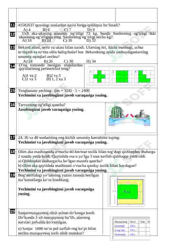 Matematika fanidan testlar 5