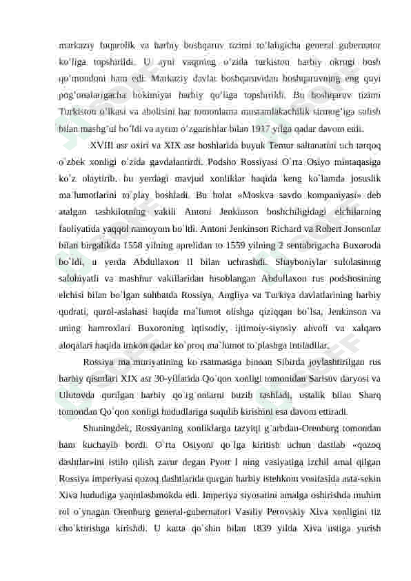 O'zbekistonning eng yangi tarix fanidan TURKISTON O’LKASIDA ROSSIYA IMPERIYASINING MUSTAMLAKACHILIK O’RNI ” mavzusida referat 5