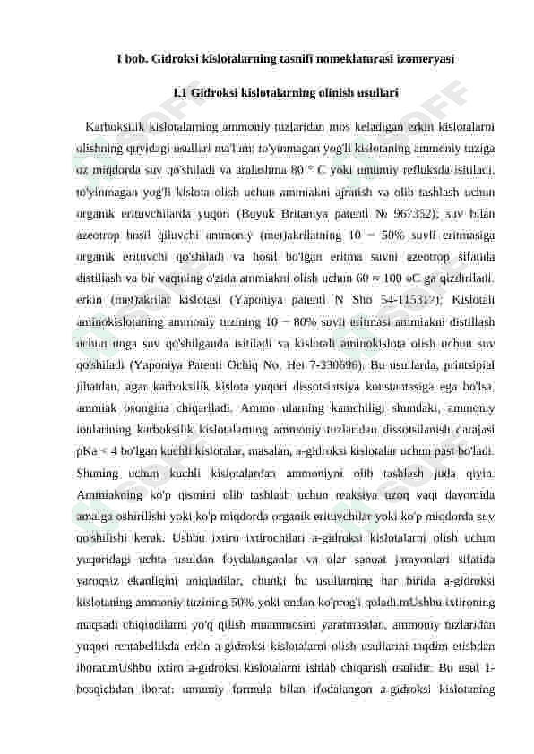 Gidroksikislatalarning olinish usullari. Fizialogik va kimyoviy xususiyatlari. Ayrim vakillari 5