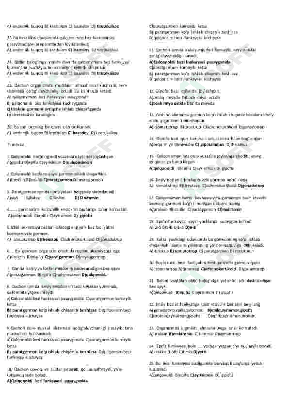 Biologiya fanidan mavzulashtirilgan testlar 5