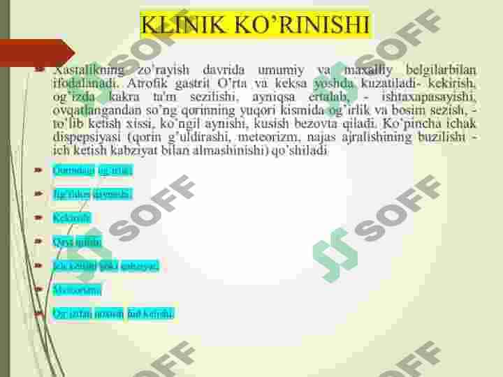 Gastritlar. Me'da va 12 barmoq ichak yara kasalligi ,sabablari, klinikasi va davolash profilaktikasi 5