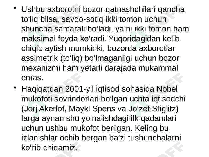 Hozirgi zamon bozor iqtisodiyotida assimetrik axborot muammolari 5
