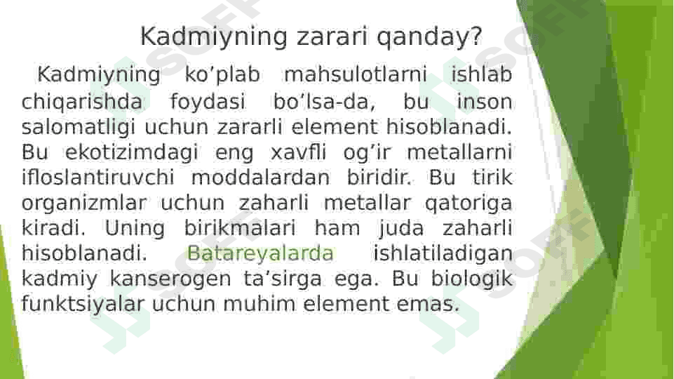 Kadmiy qoʻrgʻoshin Simob metallarnining zaharliligi . 5
