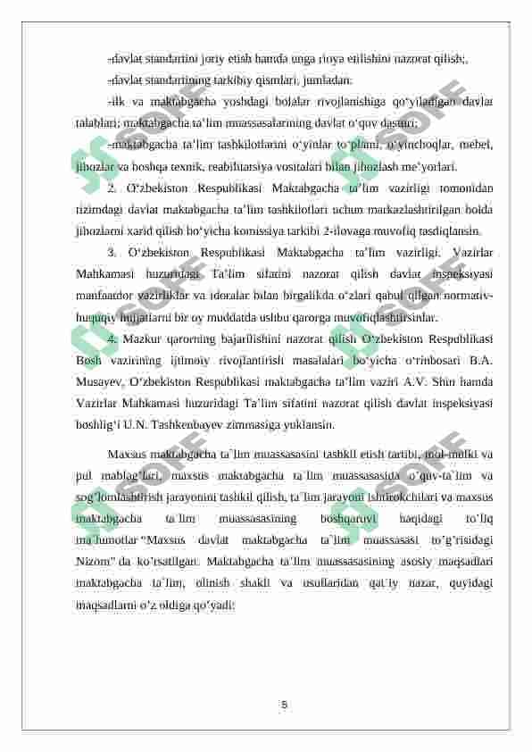 O‘zbekiston Respublikasi Maktabgacha ta’lim va tarbiyaning Davlat standarti mazmun-mohiyati 5
