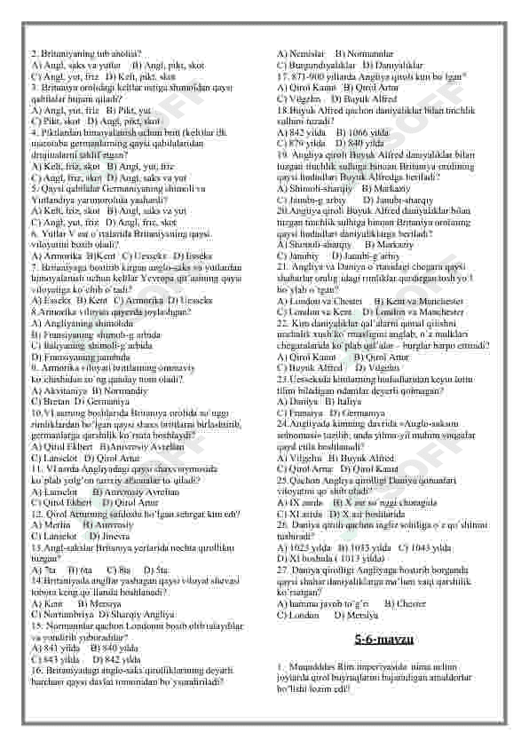 Jahon tarixi fanidan mavzulashtirilgan testlar / 7-sinf 5
