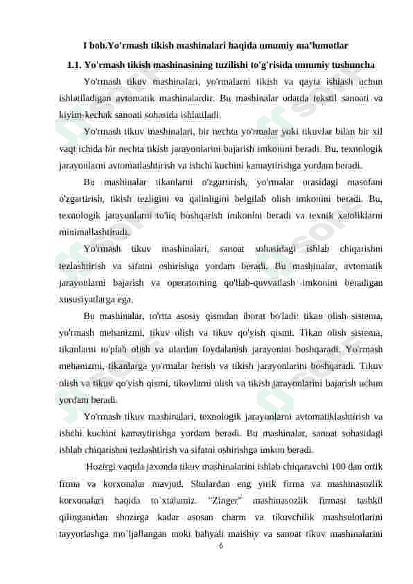 Yo'rmash tikish mashinasining tuzilishi ishlashi ishga sozlash usullari kurs ishi 6