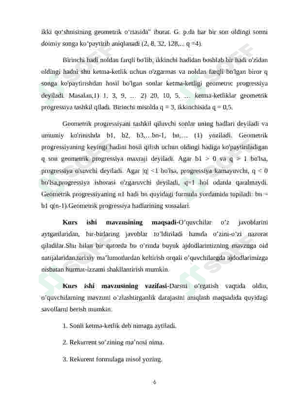 ARIFMETIK VA GEOMETRIK PROGRESSIYANI O'QITISH METODIKASI 6