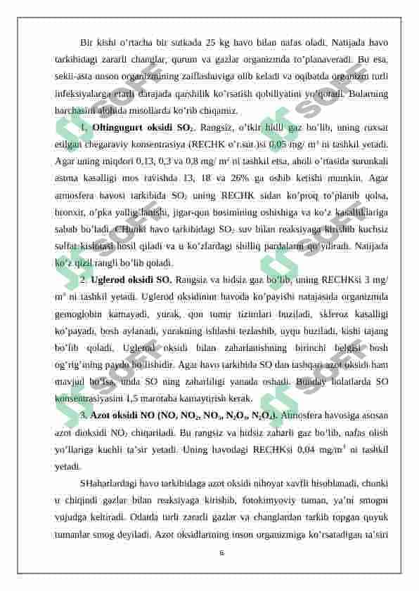 ATMOSFERA HAVOSI IFLOSLANISHINING IJTIMOIY IQTISODIY OQIBATLARI, UNING OLDINI OLISH VA KAMAYTIRISH CHORA-TADBIRLARI 6