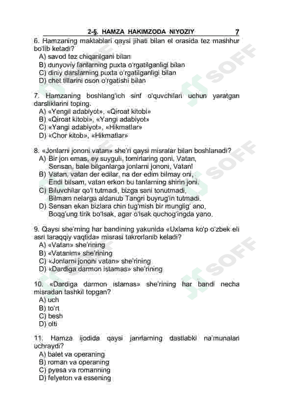 Adabiyot fanidan mavzulashtirilgan testlar 7-sinf / Javoblari bilan 6