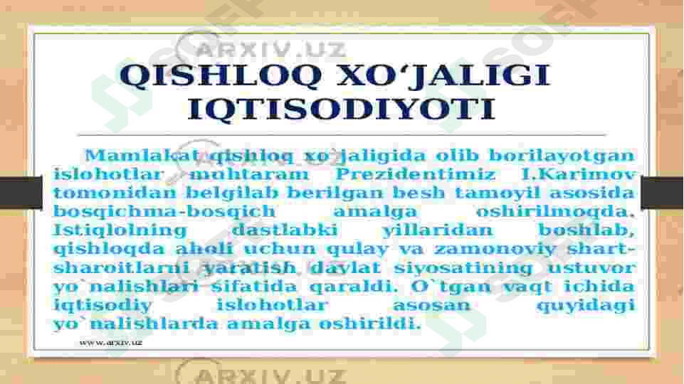 O’zbekiston Iqtisodiyotida Qishloq Xo’jaligining o’rni. 6