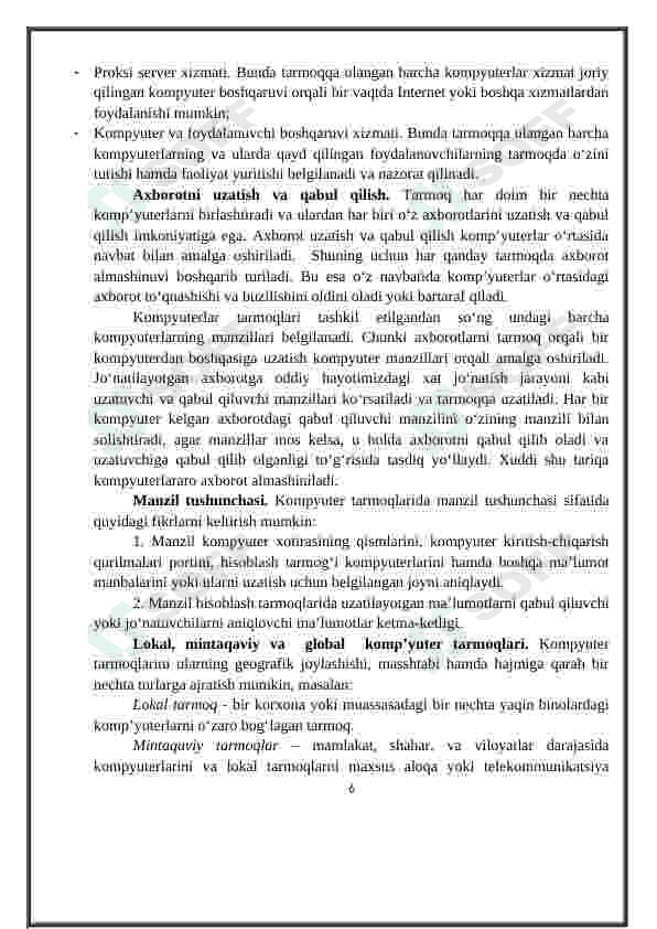 Tarmoq texnologiyalari. Internet xizmatlari. 6