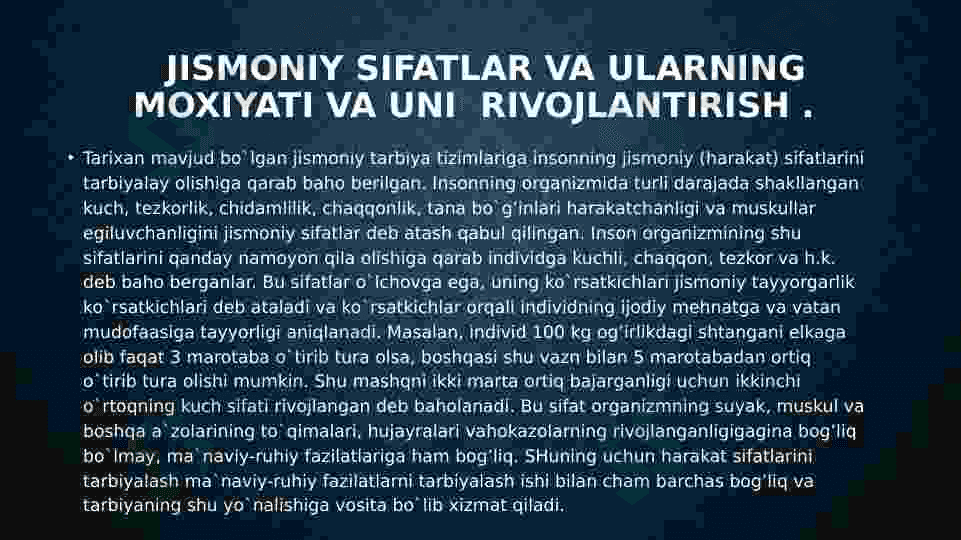 Jismoniy sifatlarni (kuch, tezkorlik, chaqqonlik , chidamlilik) tarbiyalash    	metodikasi. Slayd 6