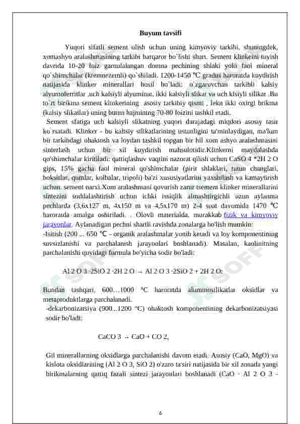 Yillik ishlab chiqarish quvvati 1000 000m3 bo‘lgan portlandsement ishlab chiqarish texnologiyasini loyihalash 6