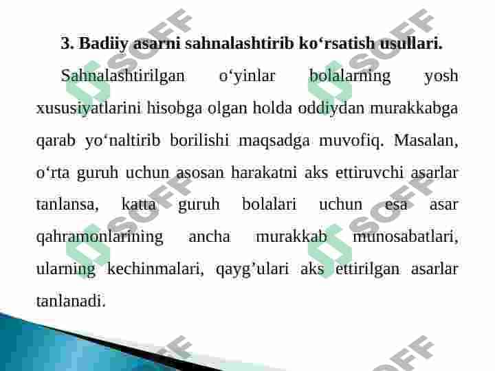 Badiiy asarlarni sahnalashtirish turlari va uni qo'yib ko'rsatish texnologiyasi 6