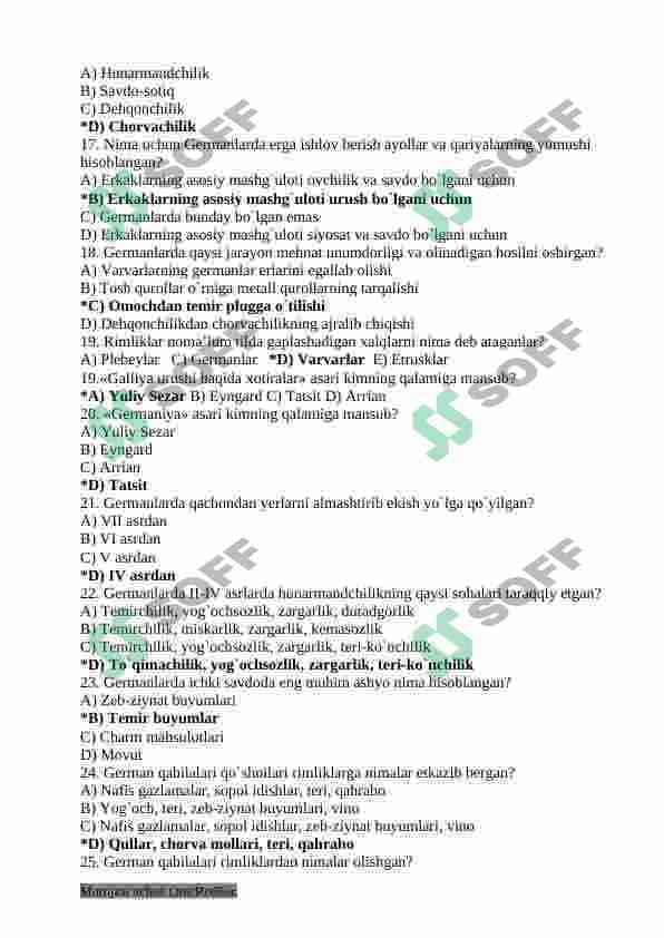 7-sinf Jahon Tarixi fanidan mavzulashtirilgan test savollar to'plami 6