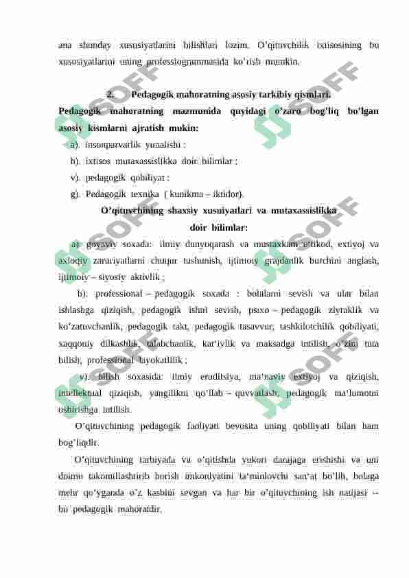 Pedagogik mahorat haqida tushuncha, uning o’qituvchi kasbiy faoliyatida tutgan o’rni va ahamiyati 6