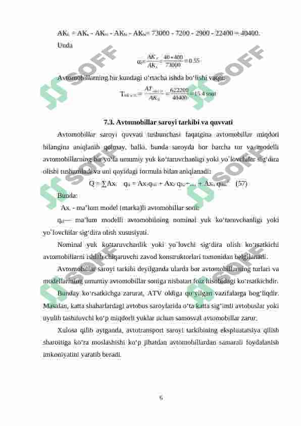 Avtomobil transporti asosiy ish ko‘rsatkichlari. Umumiy tushunchalar. Avtomobil saroyi va undan foydalanish 6