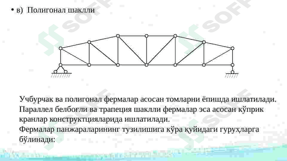 Statik aniq tekis fermalar. Umumiy tushunchalar. Tekis fermalarni doimiy yuklar ta’siriga xisoblash. 6