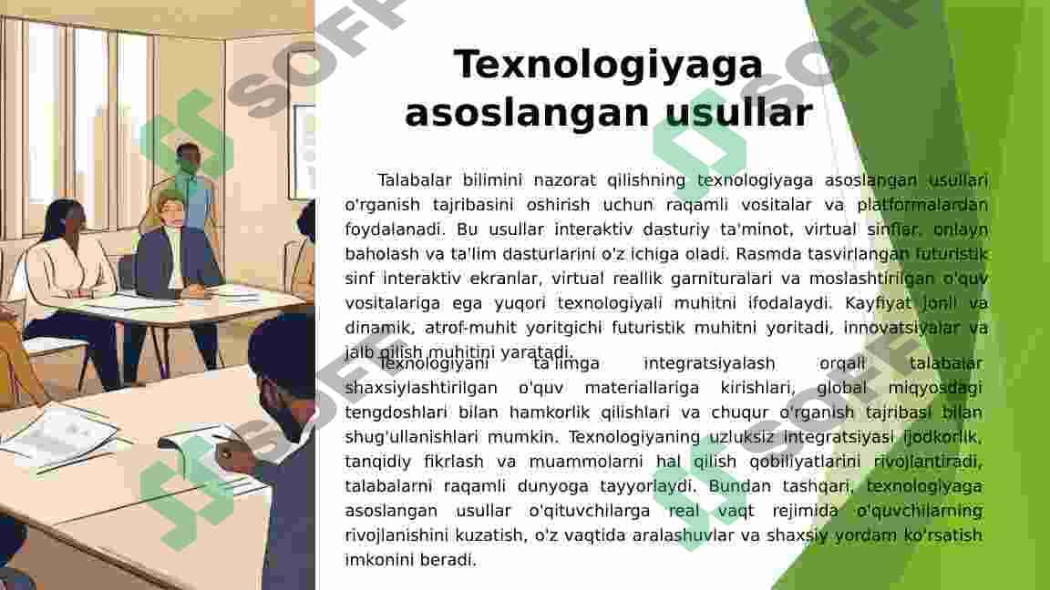 Samarali o’qitishning qiziqtiruvchi va interfaol usullari, hamda ulardan foydalanishni o’rganadi. O’quvchilar bilimini nazorat qilish usullari va ularni takomillashtirish metodikasi. 6