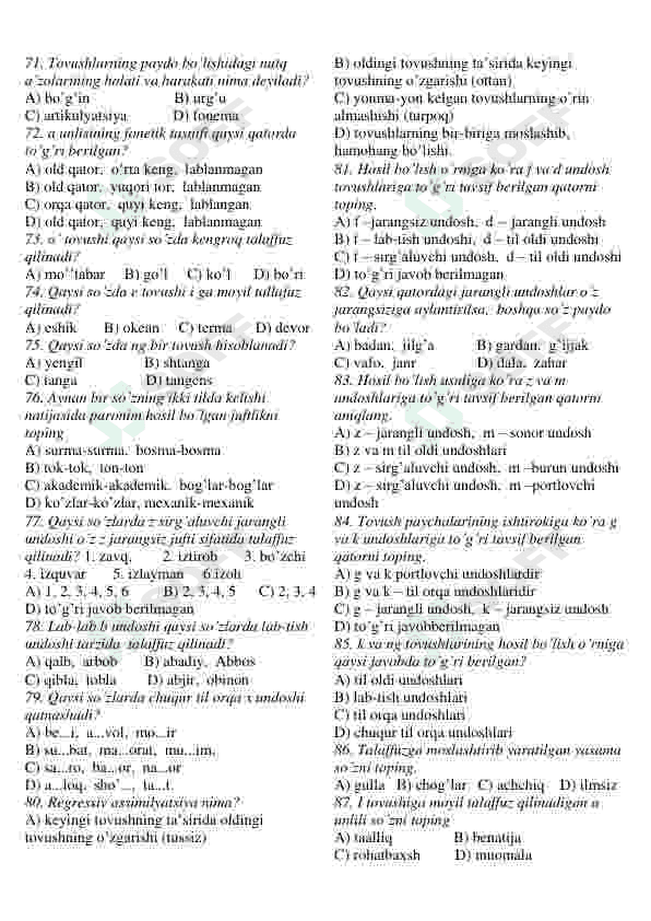 Ona tili fanidan testlar to'plami 6